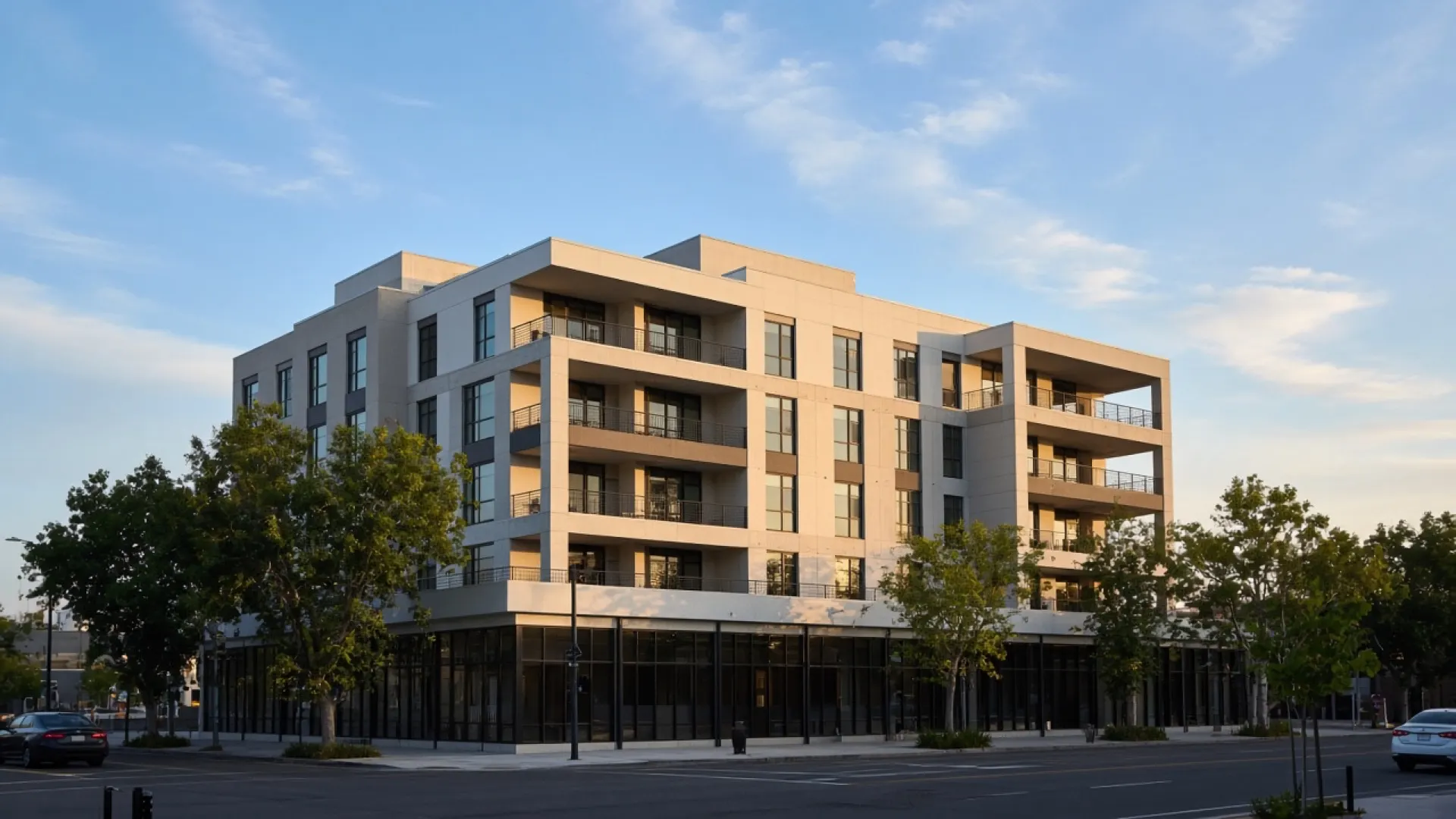 A mixed-use building in daylight. Representative photography, not a completed EvoDrywall project.