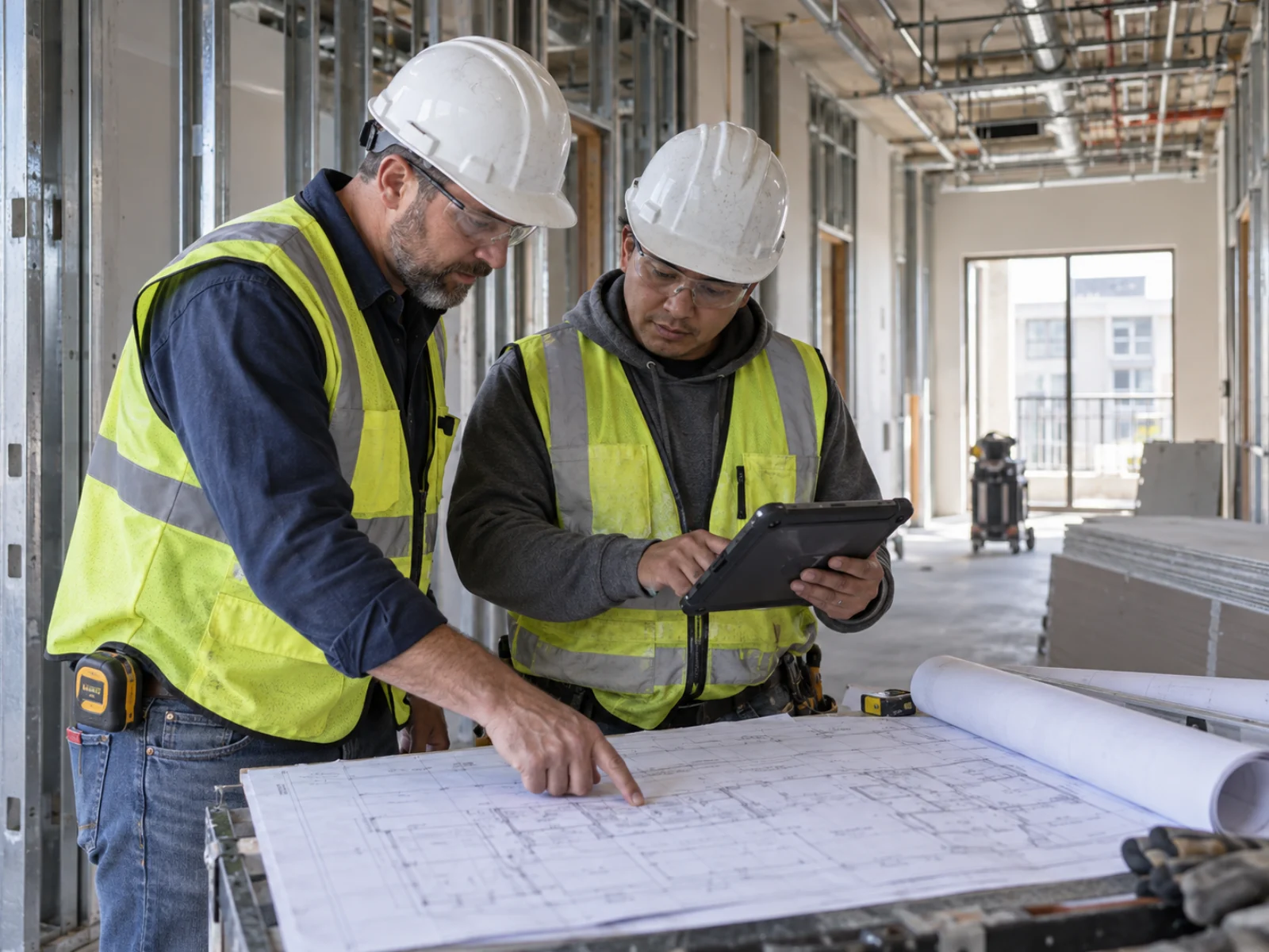 Two people in hard hats reviewing drawings and a tablet inside an active multifamily corridor. Representative photography, not an EvoDrywall project.