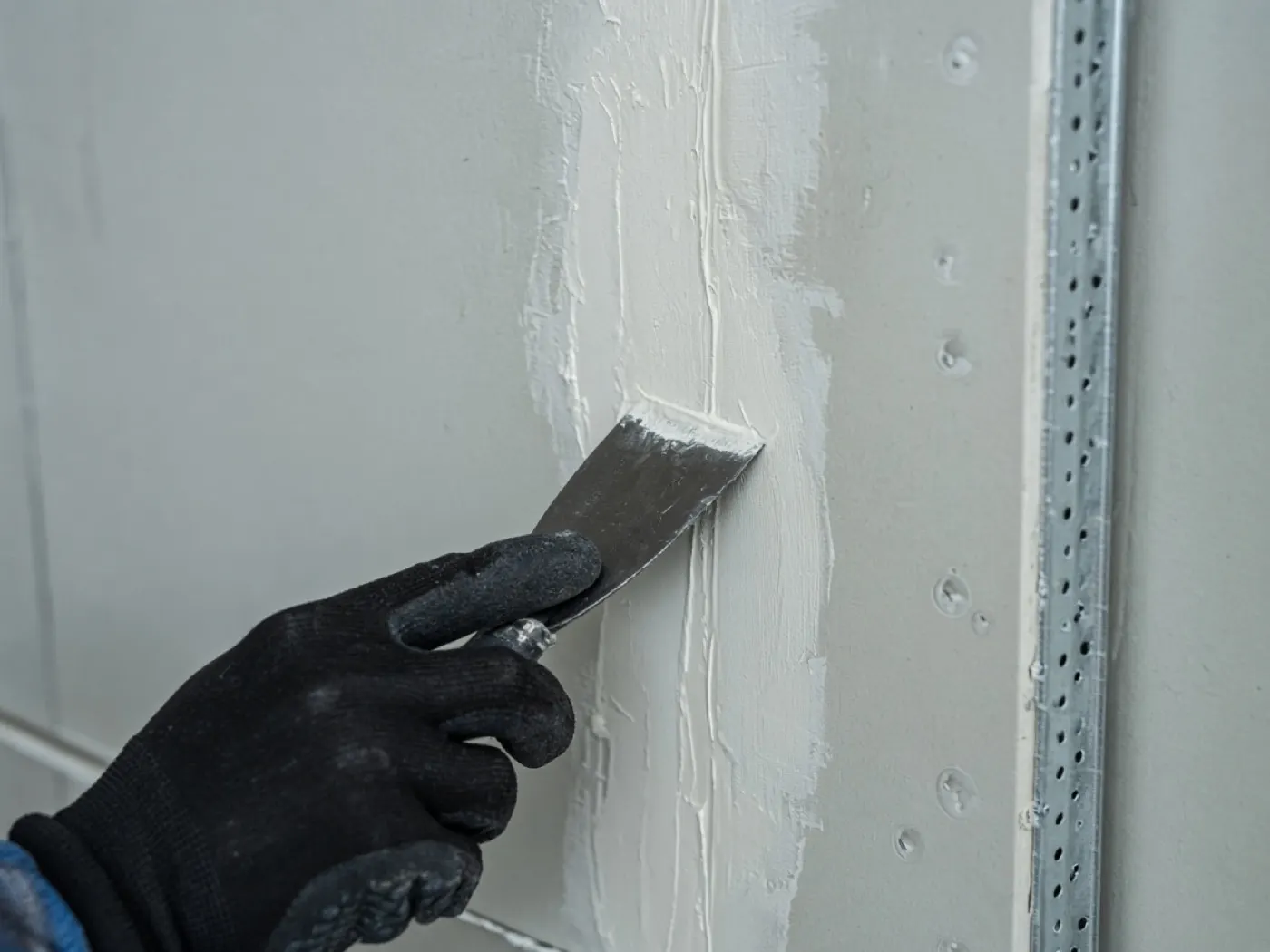 Close view of joint compound being finished on gypsum board.