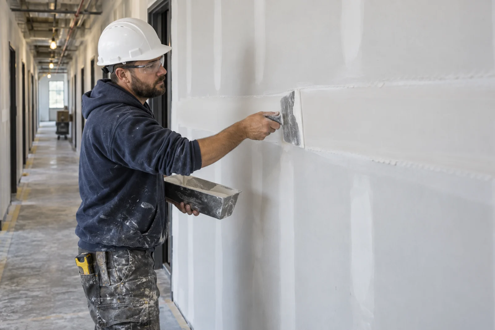 A finisher coating a taped drywall seam in a repeated corridor, with door openings receding down the hall. Representative photography, not a completed EvoDrywall project.