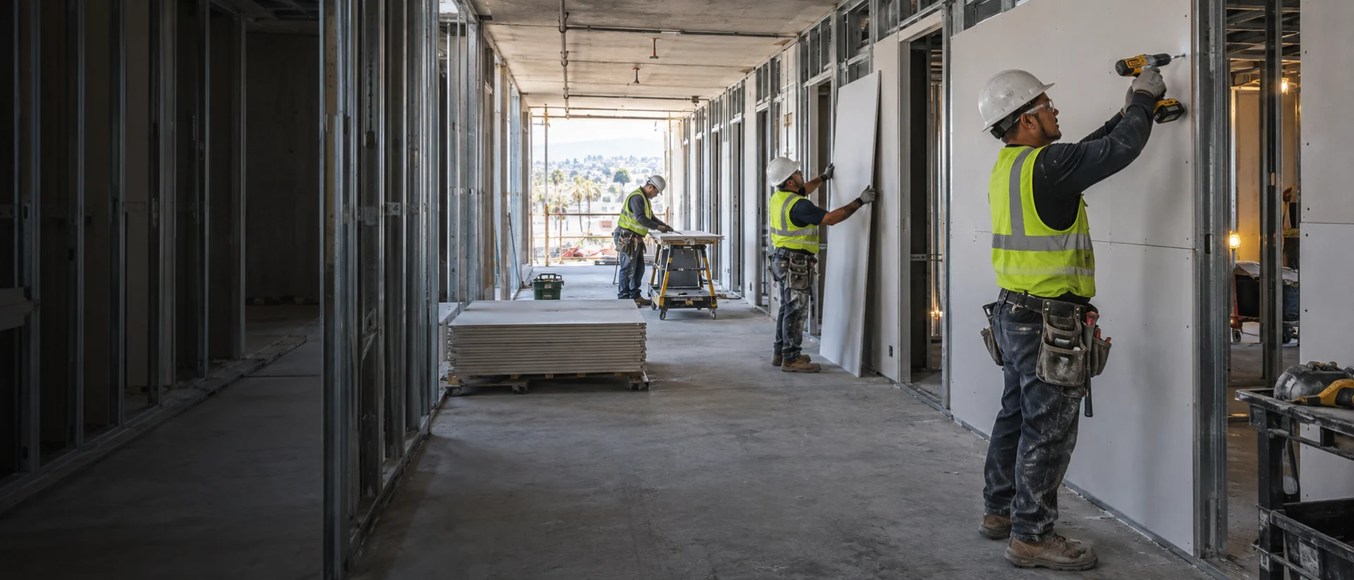 A drywall crew hanging board along a multifamily corridor, with framing, stacked board, and an open end of the building visible. Representative photography, not a completed EvoDrywall project.
