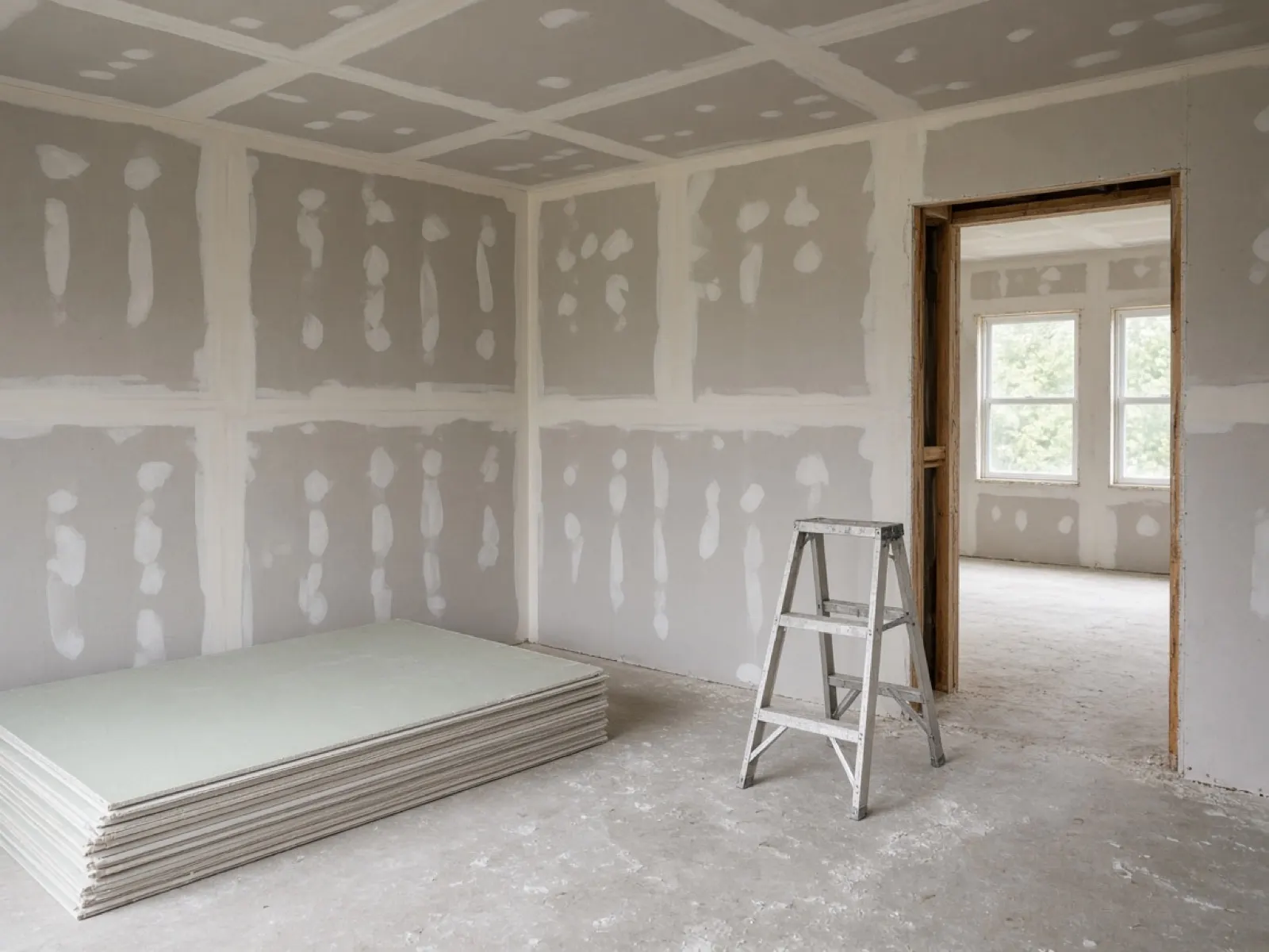 An unfinished residential room during drywall construction. Representative photography, not a completed EvoDrywall project.